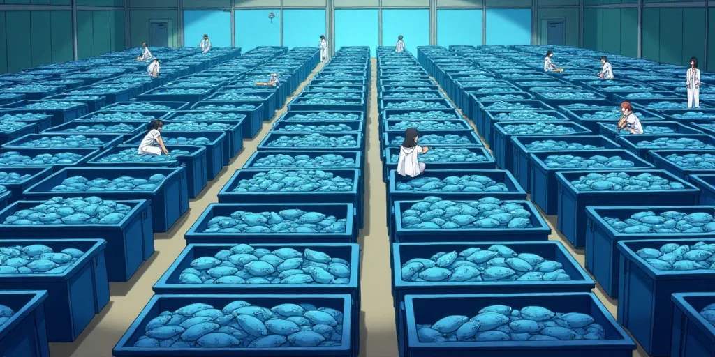 a large room filled with lots of blue containers filled with fish and people standing around them wi