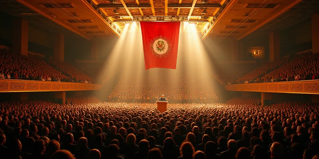 a large room filled with lots of people and a flag hanging from the ceiling of the room with a podiu