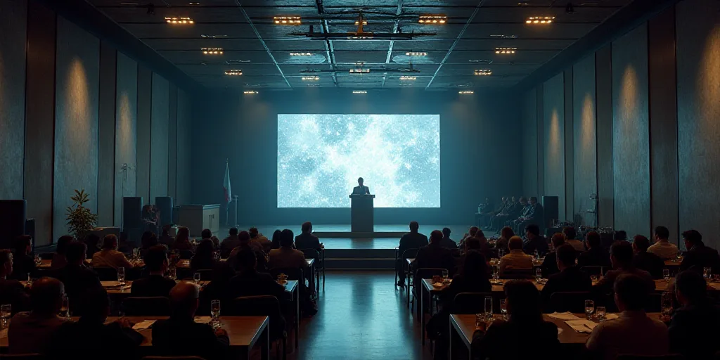 a large room filled with people sitting at tables and a podium with a screen on it's wall, Afewerk T