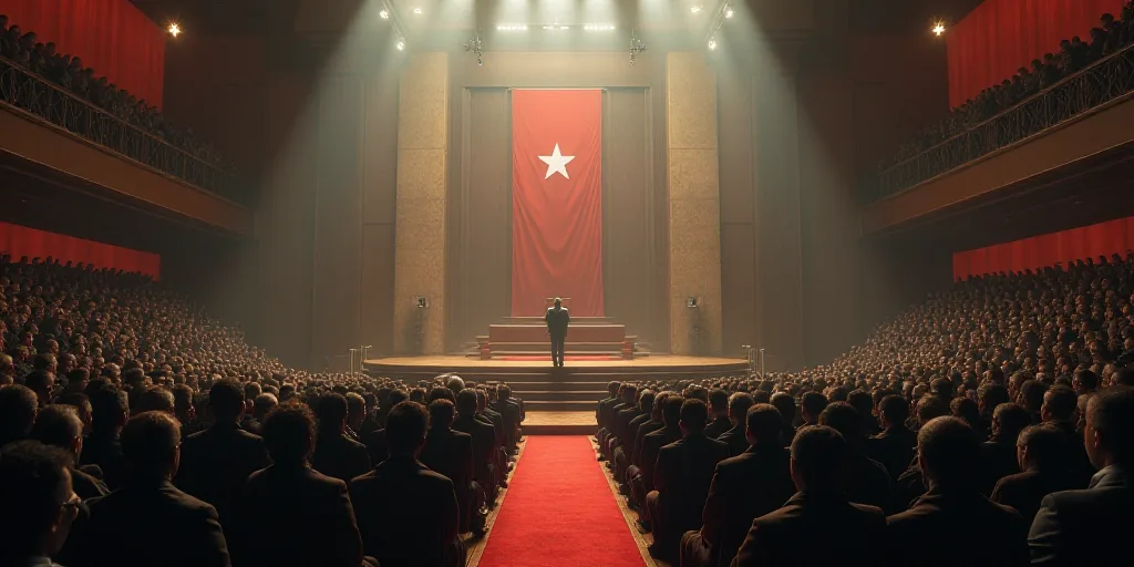 a large room filled with people and a speaker in the center of the room with a flag on the wall, Ann