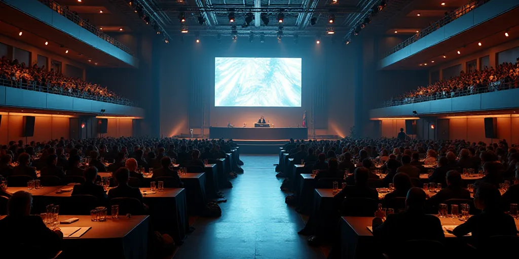 a large room filled with people sitting at tables and a podium with a screen on it's wall, Afewerk T