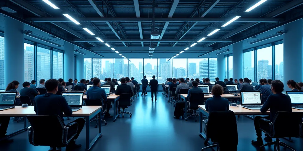 a large room filled with people working on laptops and standing around tables with chairs and tables