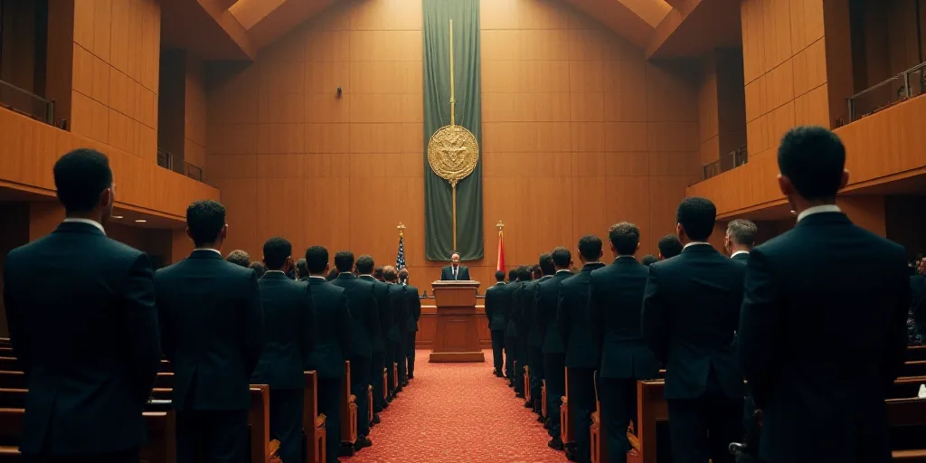 a large room filled with people in suits and ties standing in front of a podium in a building with a