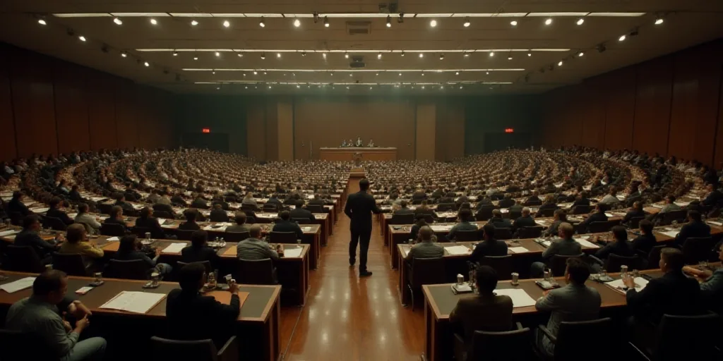 a large room filled with people sitting at desks and a speaker standing at the front of the room, Ed