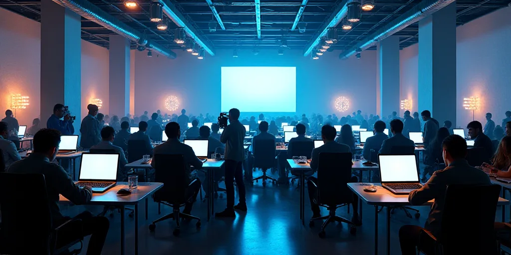 a large room filled with people sitting at tables and standing around tables with laptops on them an