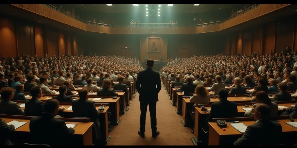 a large room filled with people sitting at desks and a speaker standing at the front of the room, Ed