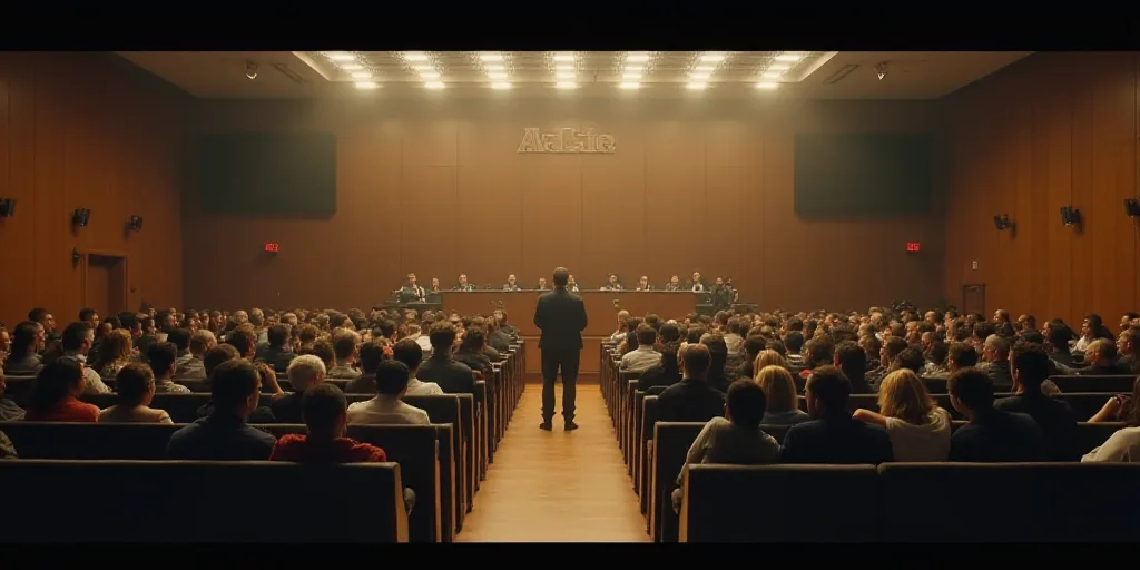 a large room filled with people sitting at desks and a speaker standing at the front of the room, Ed