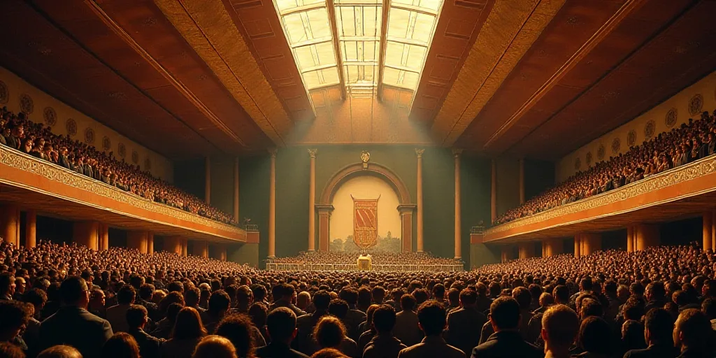 a large room filled with people and a stage with a flag on it's wall and a ceiling, David Alfaro Siq
