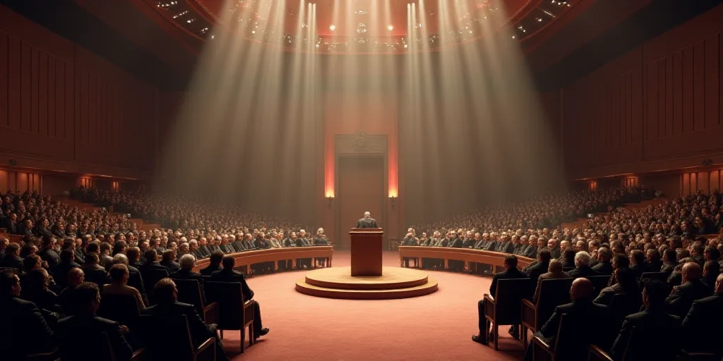 a large room filled with people sitting in chairs and a podium in the center of the room is a podium