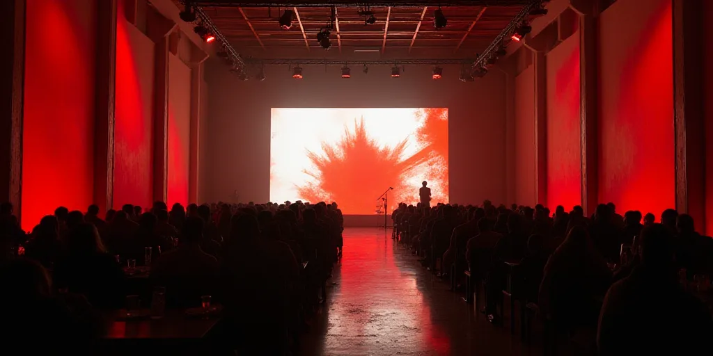 a large room with a big screen and people sitting at tables in it and a lot of chairs around it, Dav