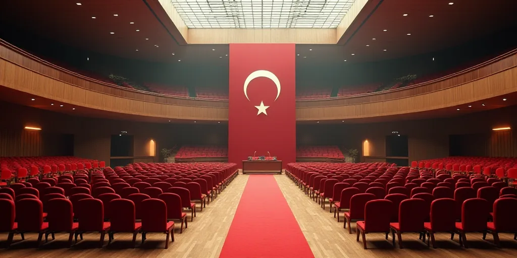 a large room with a bunch of chairs and a flag in the middle of it and a flag in the middle of the r