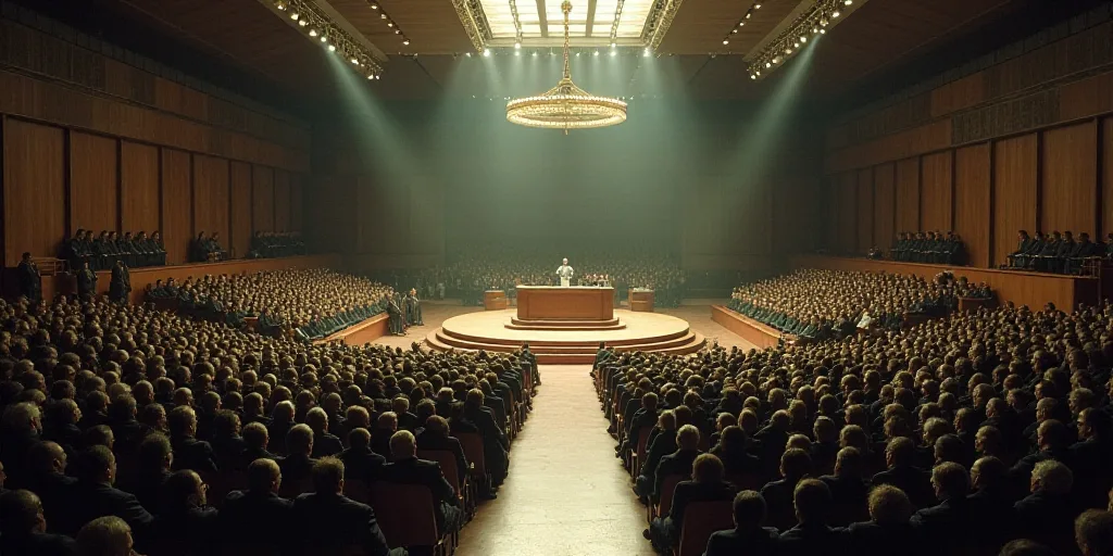 a large room with a bunch of people in it and a podium in the middle of the room with a podium on th