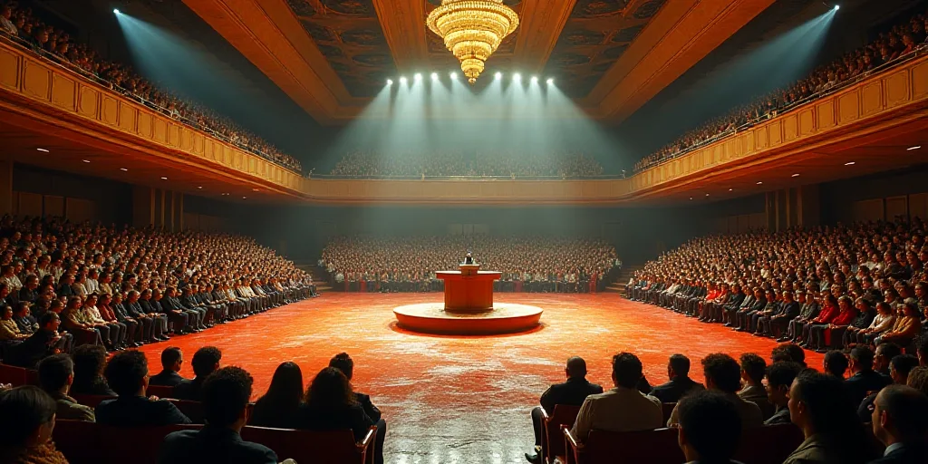 a large room with a bunch of people in it and a podium with a podium on it in front of a crowd, Davi