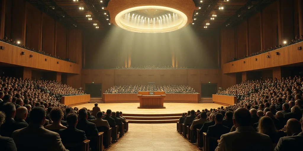 a large room with a bunch of people in it and a podium in the middle of the room with a podium on th
