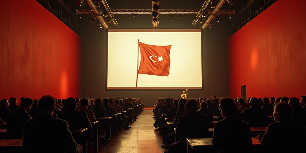 a large room with a large screen and a lot of people sitting at tables in front of it and a flag on