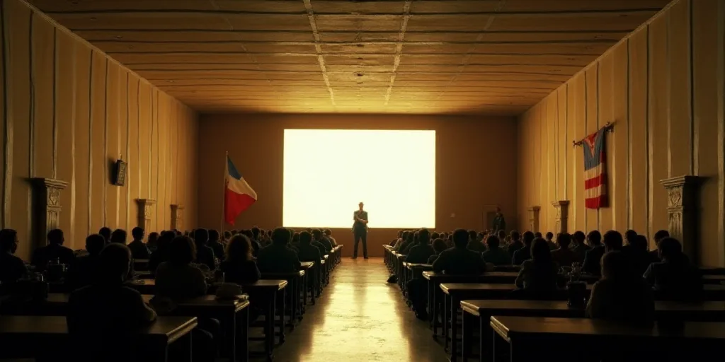 a large room with a large screen and a lot of people sitting at tables in front of it and a flag on