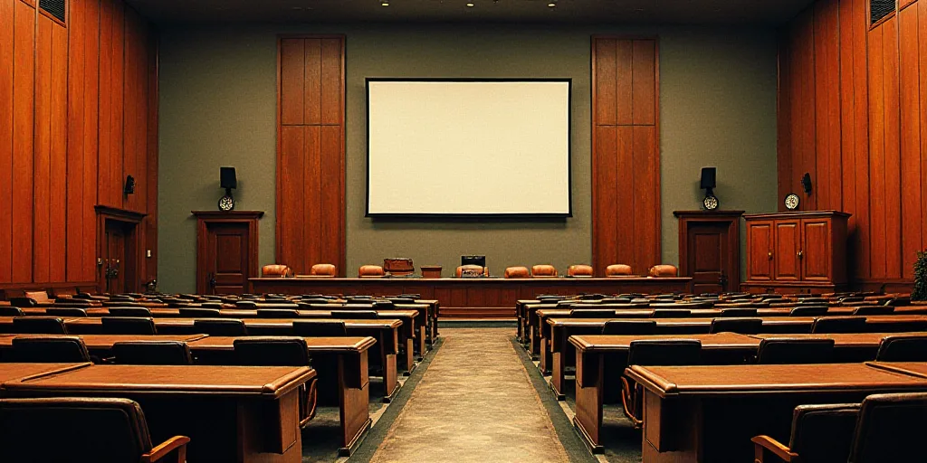 a large room with a lot of desks and a big screen on the wall above it that says the united states,