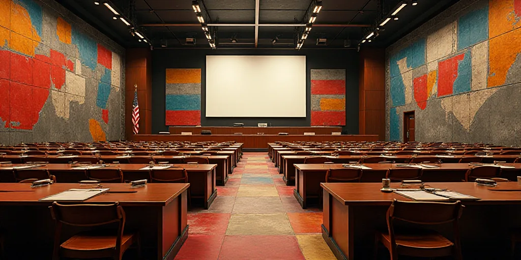a large room with a lot of desks and a big screen on the wall above it that says the united states,