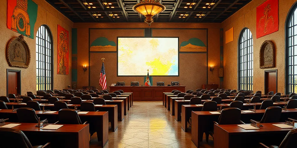a large room with a lot of desks and a big screen on the wall above it that says the united states,