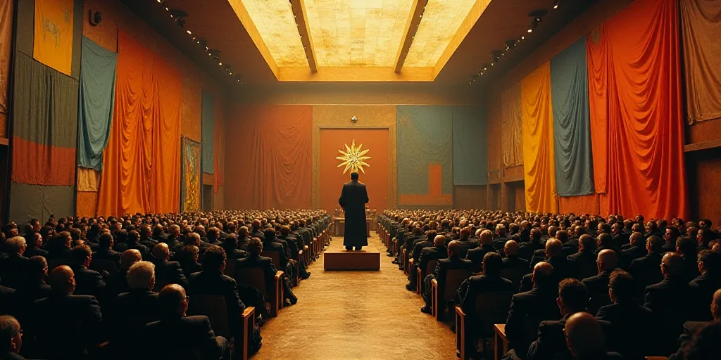 a large room with a lot of people in it and a speaker in the center of the room with a lot of chairs