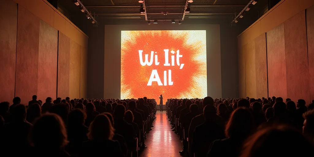 a large room with a lot of people in it and a big screen on the wall above it that says it all, Davi