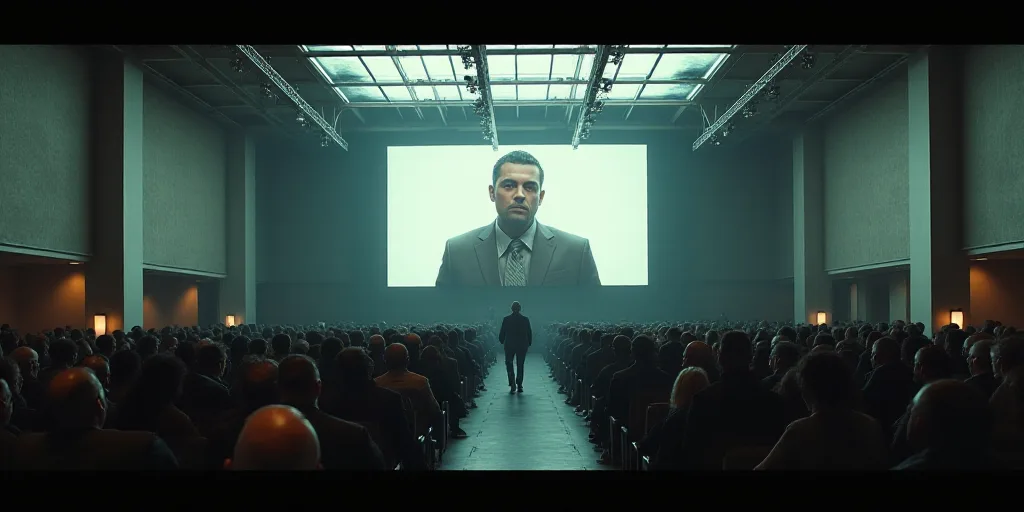 a large room with a lot of people in it and a big screen on the wall with a man on it, Eddie Mendoza