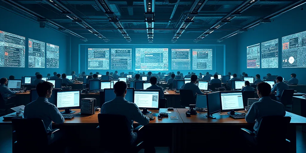 a large room with a lot of people working on computers and a lot of monitors on the wall above, Andr