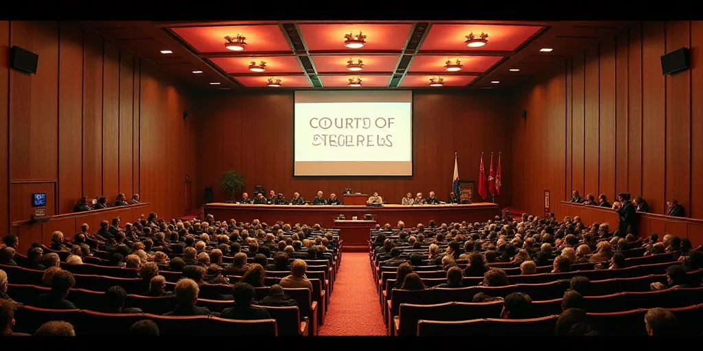a large room with a lot of people in it and a big screen on the wall behind it that says the court o