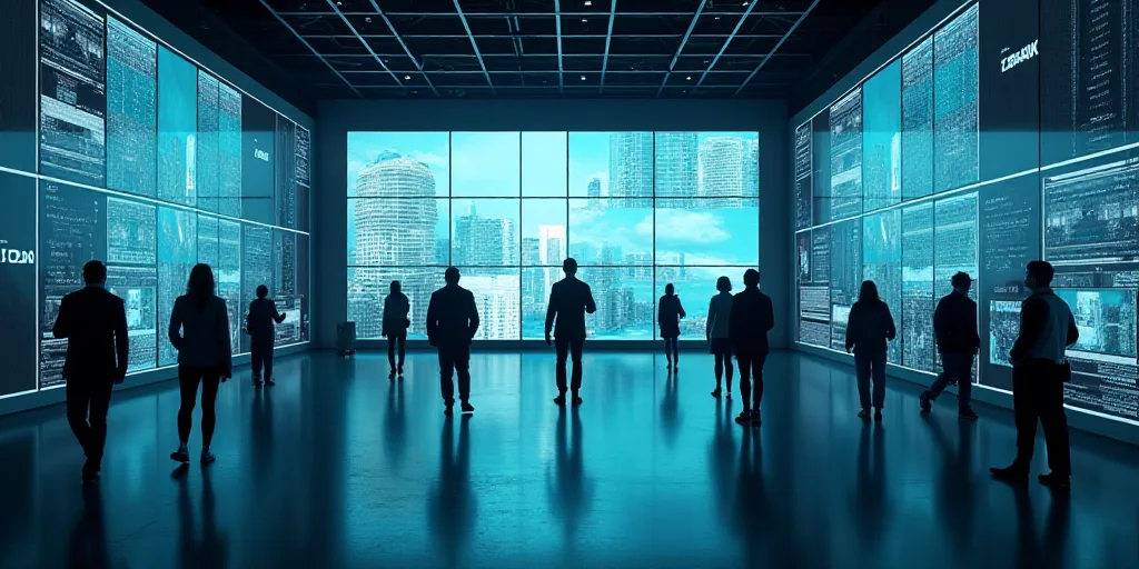 a large room with many monitors and people walking around it and a man standing in the middle of the