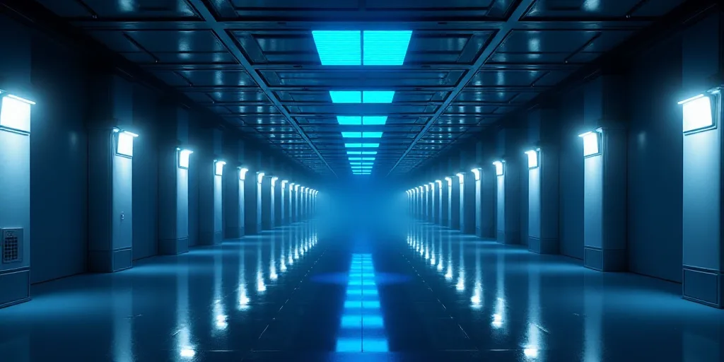 a large room with many rows of lights and a ceiling with a blue light in it and a long row of lights