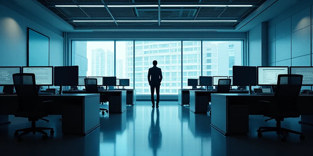 a large room with multiple desks and monitors on the walls and a man standing in the middle of the r