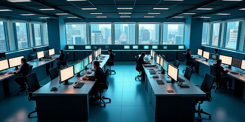 a large room with multiple monitors and tables in it's center area, with people working on computers