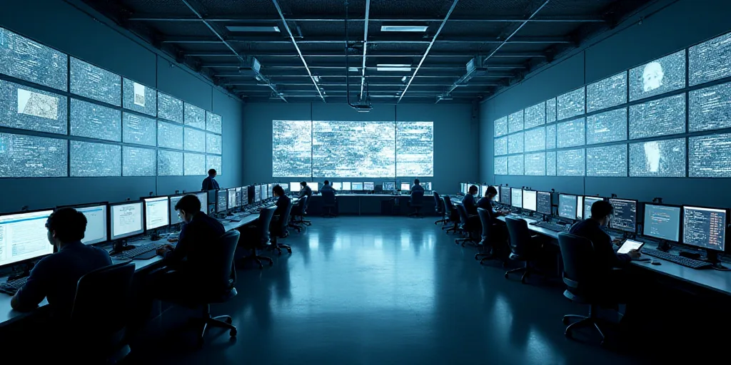 a large room with multiple monitors and tables in it's center area, with people working on computers