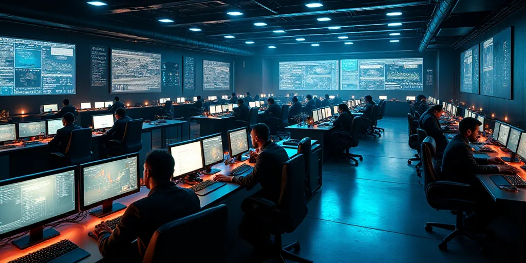 a large room with multiple monitors and tables in it's center area, with people working on computers