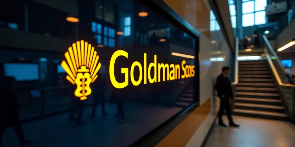 a large screen displaying the goldman scors logo in a building with other signs in the background an