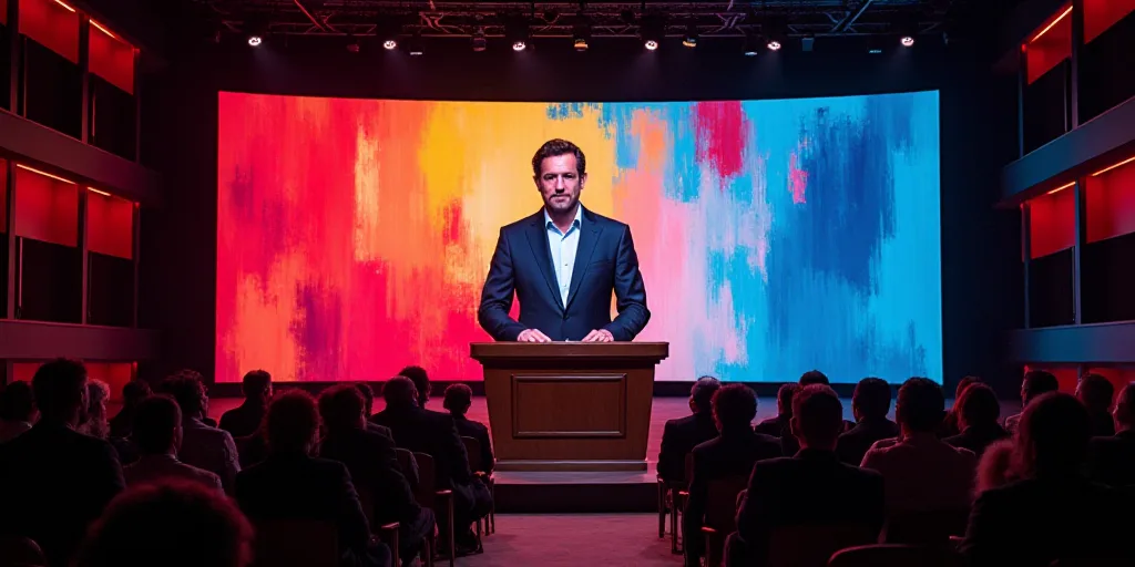 a large screen with a man on it at a podium with people sitting at a table in front of it, Agustín