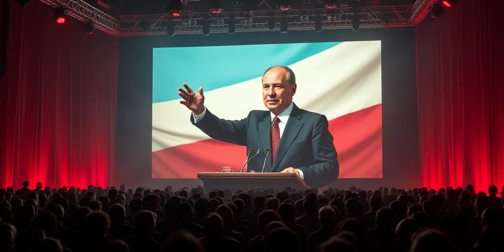a large screen with a picture of a man giving a speech on it in front of a crowd of people, Boris Vl