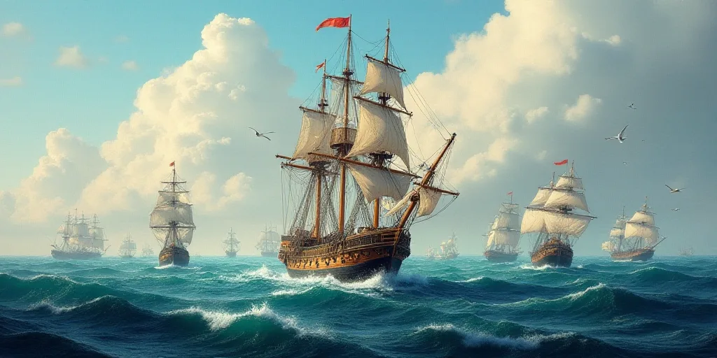 a large ship in the middle of the ocean with a lot of other ships in the background and a few smalle