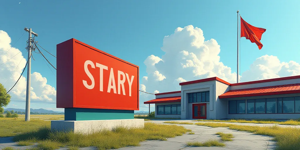 a large sign that is in front of a building with a flag on it and a flag flying in the background, D