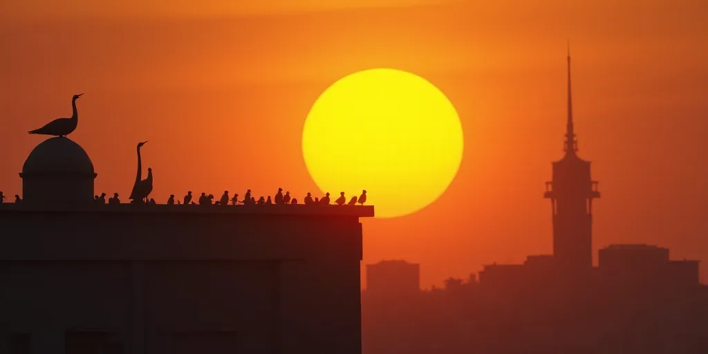 a large sun setting behind a building with birds on it's roof and a tower in the background, Aya God