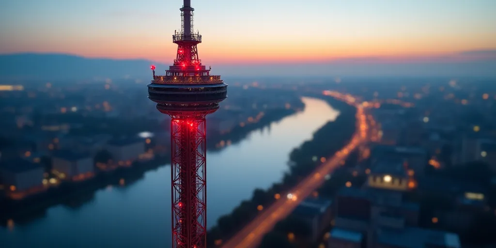 a large tower with a red light on top of it's side in a city next to a river, Dahlov Ipcar, zenith v
