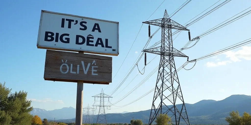 a large tower with a sign that says it's a big deal of power lines and wires in the background, Cefe