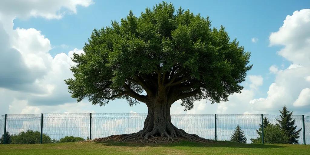 a large tree that is behind a fence in a park with a sky background and clouds in the sky, Carol Bov
