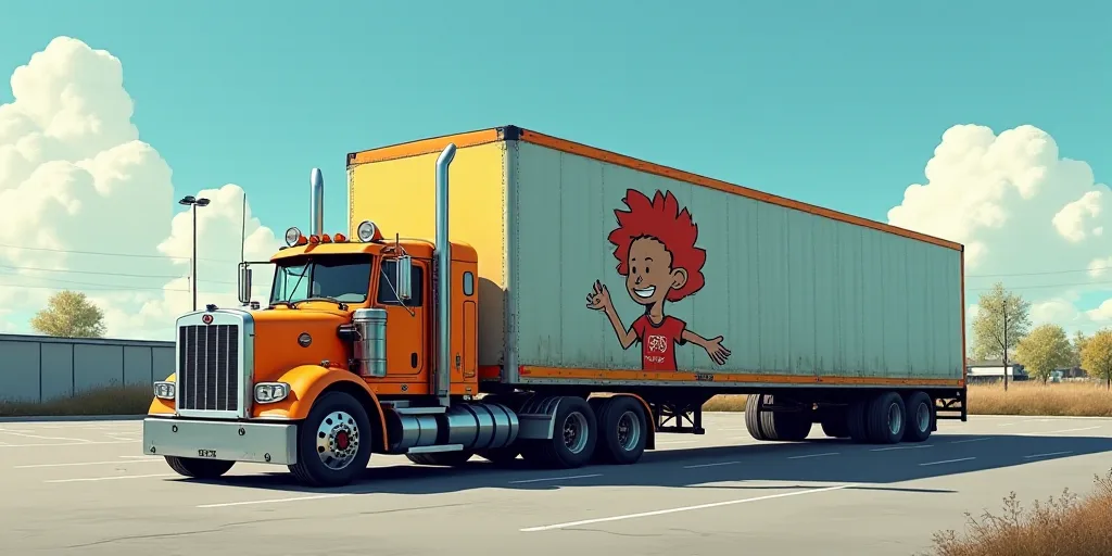 a large truck with a cartoon character on the back of it's trailer is parked in a parking lot, Didie