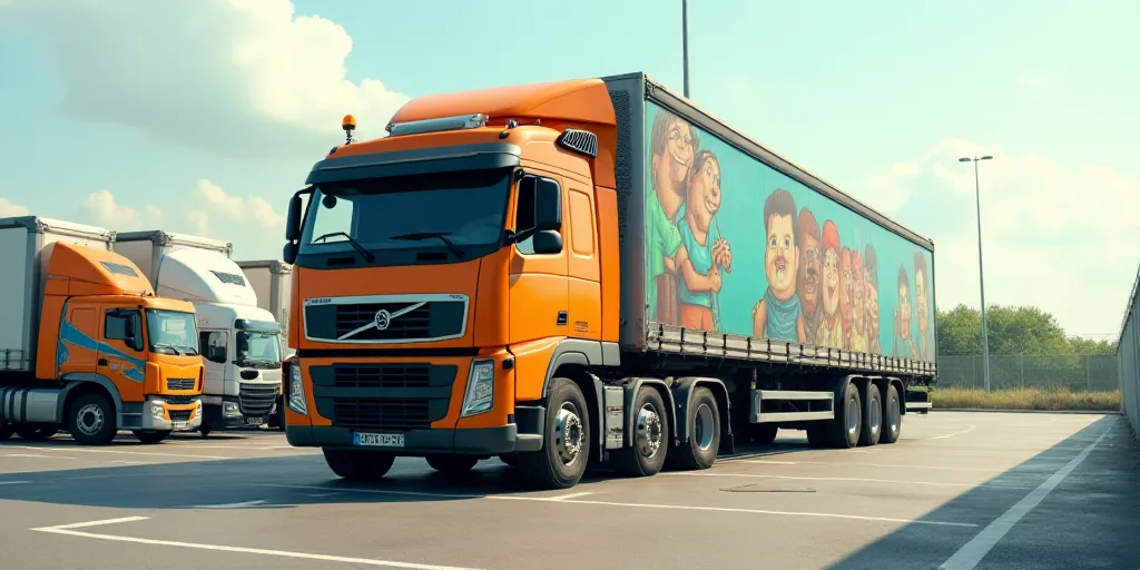 a large truck with a cartoon character on the back of it's trailer is parked in a parking lot, Didie