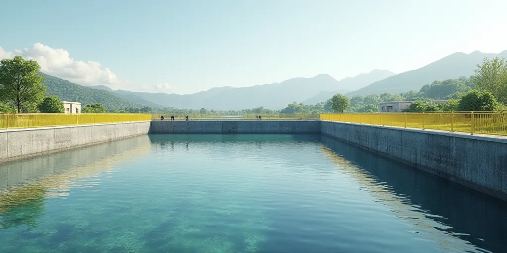 a large water treatment facility with a yellow railing and a few people standing on the side of the