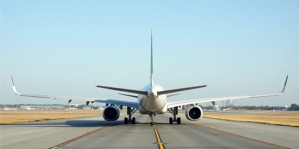 a large white airplane sitting on top of an airport runway with a green and white tail end and a red