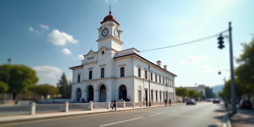 a large white building with a clock tower on top of it's side walk next to a street, Eddie Mendoza,