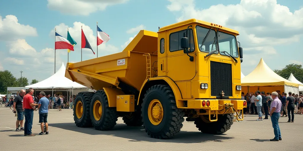 a large yellow machine is parked in a lot with people around it and flags flying in the background a