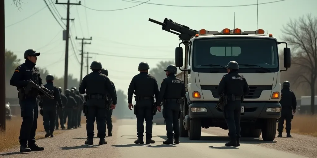 a line of police officers standing in front of a truck with guns in hand and a truck with a gun in t